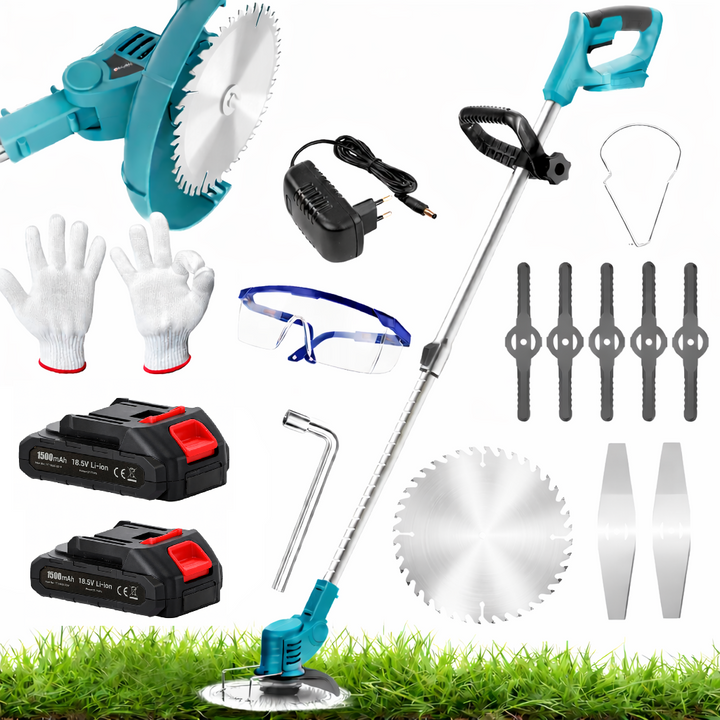 Motocoasa electrica fara fir, Zola, 600 W, 2 acumulatori 1500 mAh, 22000 rpm, 8 lame plastic + otel, maner telescopic, cu accesorii, turcoaz