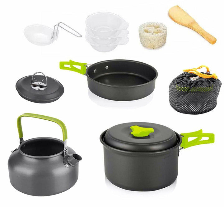 Set complet camping pentru gatit, Zola, 11 piese, din aluminiu si plastic, husa depozitare, negru
