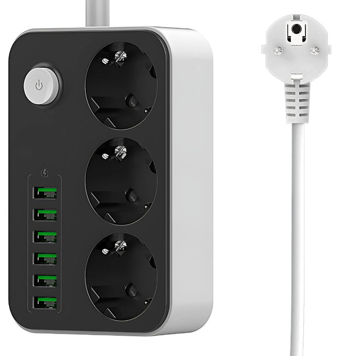 Prelungitor multifunctional cu 3 prize, 6 porturi USB, Zola, lungime cablu 2 m, buton on/off, 14 x 9 x 3.5 cm, negru/gri