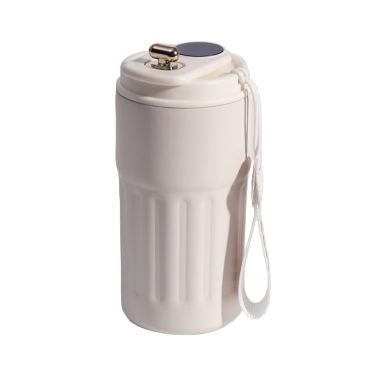 Cana termica cu afisaj LED, Zola, 460 ml, otel inoxidabil, inchidere etansa, pereti dubli, mentine temperatura cald-rece, capac plastic, maner confortabil, 16 x 7 cm, crem