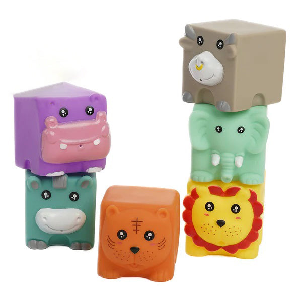 Set 6 blocuri senzoriale pentru bebelusi, Zola®, cauciuc, animalute salbatice, 6x6 cm, multicolor