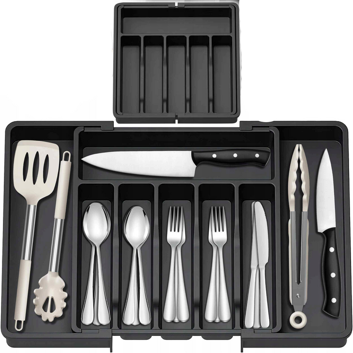 Organizator de tacamuri pentru sertar, Zola, extensibil, 6-8 compartimente, plastic, dimensiuni 33 x 38 x 5 cm/ 57 x 38 x 5 cm, negru