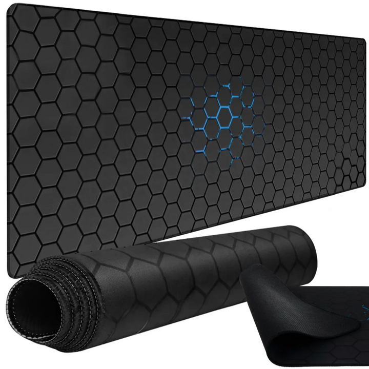 Mouse pad XXL, Zola, impermeabil, antiderapant, 90 x 40 x 0.4 cm, model fagure, negru/albastru