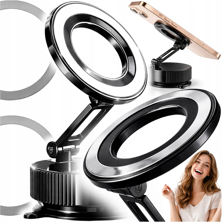 Suport auto magnetic pentru telefon, Zola, pliabil, fixare ventuza, unghi reglabil, inaltime 3.6-12 cm, diametru 6 cm, negru