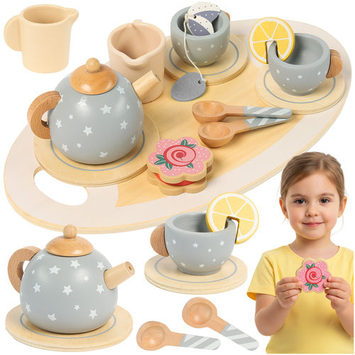 Set de ceai din lemn pentru copii cu accesorii, Zola, Montessori, 13 piese, 7 x 29 x 17 cm, gri