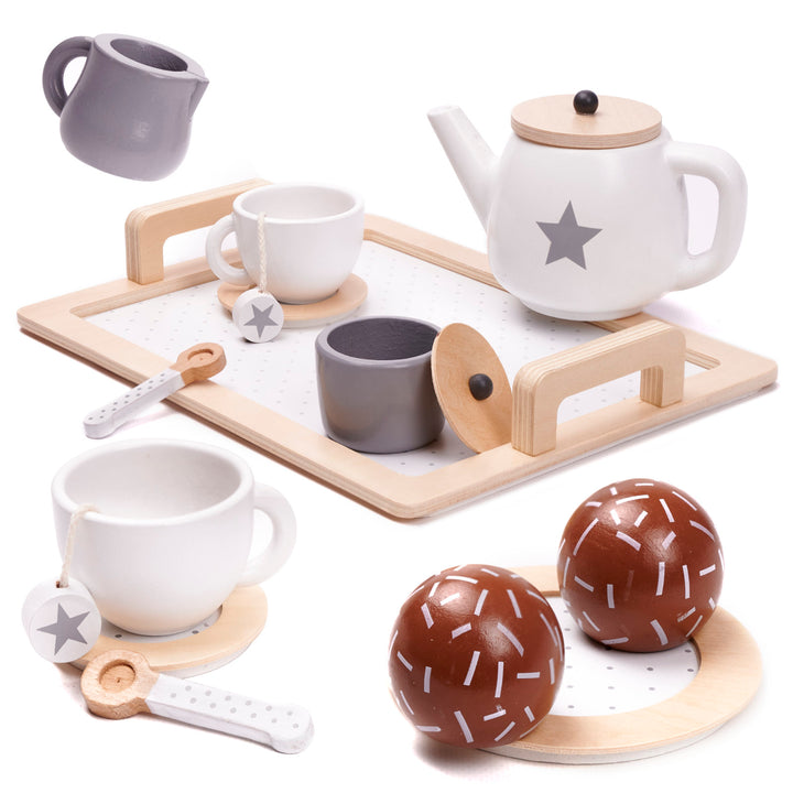 Set de ceai din lemn pentru copii, Zola®, Montessori, joc de rol, accesorii incluse, crem cu maro