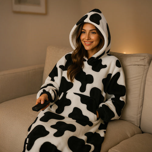 Hanorac patura cu gluga si maneci, Zola, marime universala, interior pufos, 115 x 80 cm, poliester, alb/negru