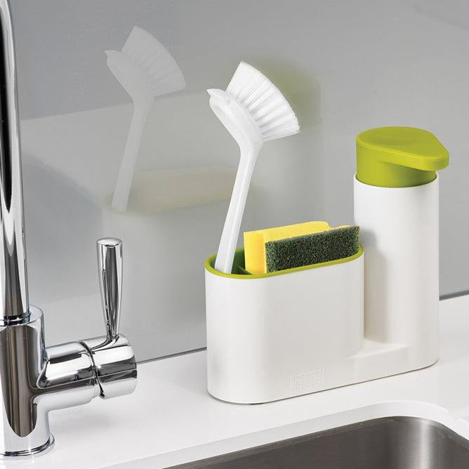 Dispenser de bucatarie 2 in 1, Zola®, pentru detergent lichid de vase si burete, plastic, alb cu verde, 18x16x6 cm