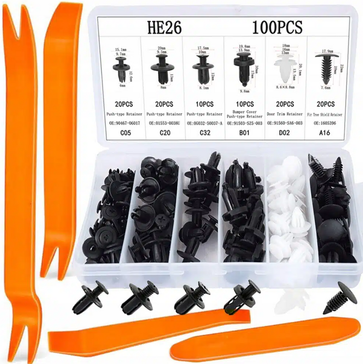 Set 100 clipsuri/cleme auto de fixare, Zola®, 6 tipuri, ustensile plastic, universale, negru-alb