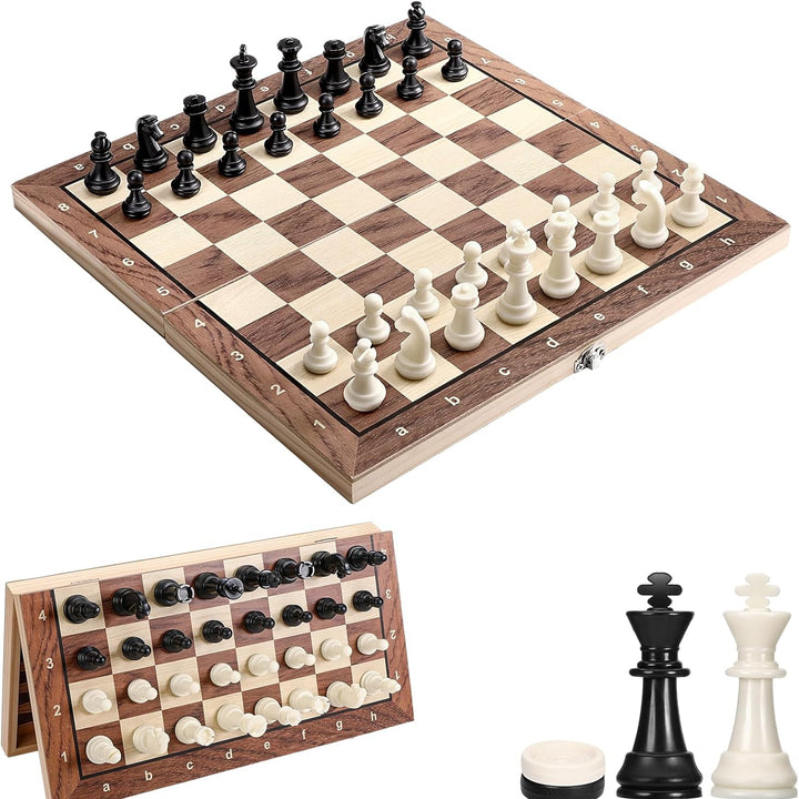 Joc de sah magnetic 2 in 1, Zola, 32 piese magnetice , 30 piese dame, plastic, 31 × 31 x 2 cm, maro/bej