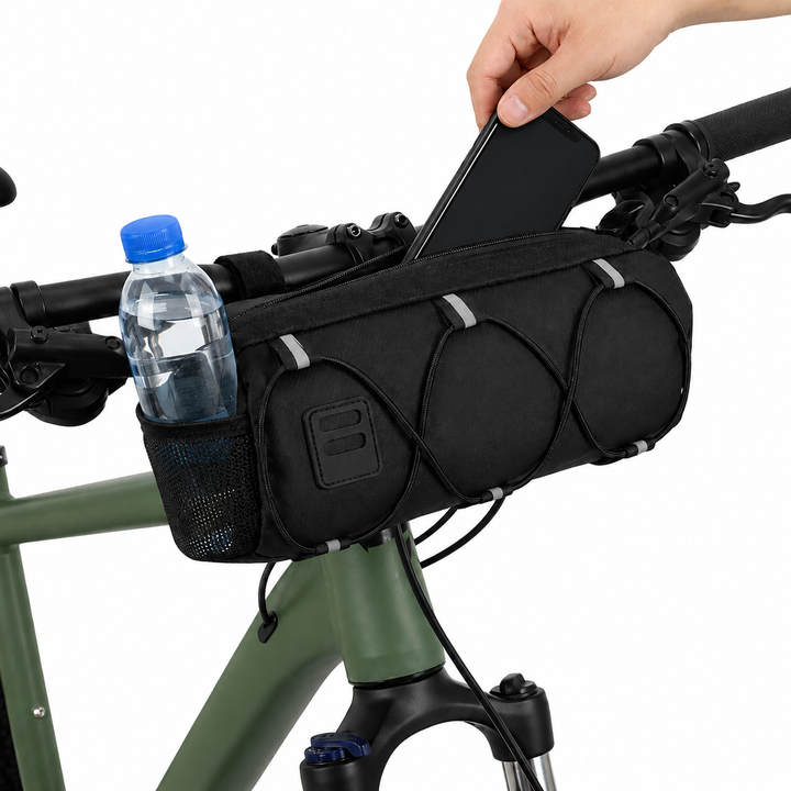 Geanta bicicleta multifunctionala, Zola, impermeabila, fixare velcro pe ghidon, cadru sau sa, curea umar detasabila, 23.6 x 10.5 x 9.5 cm, neagra