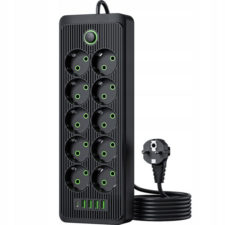 Prelungitor vertical cu 10 prize cu impamantare, Zola, 4 x USB, USB-C, cablu 2 m, buton on/off, 2500W, 30.5 x 10.5 x 4 cm, negru