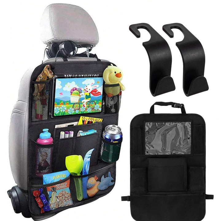 Set organizator pentru scaun auto, Zola®, cu suport de tableta, buzunare multiple, multifunctional, 2 carlige universale, 61 x 41 cm, negru
