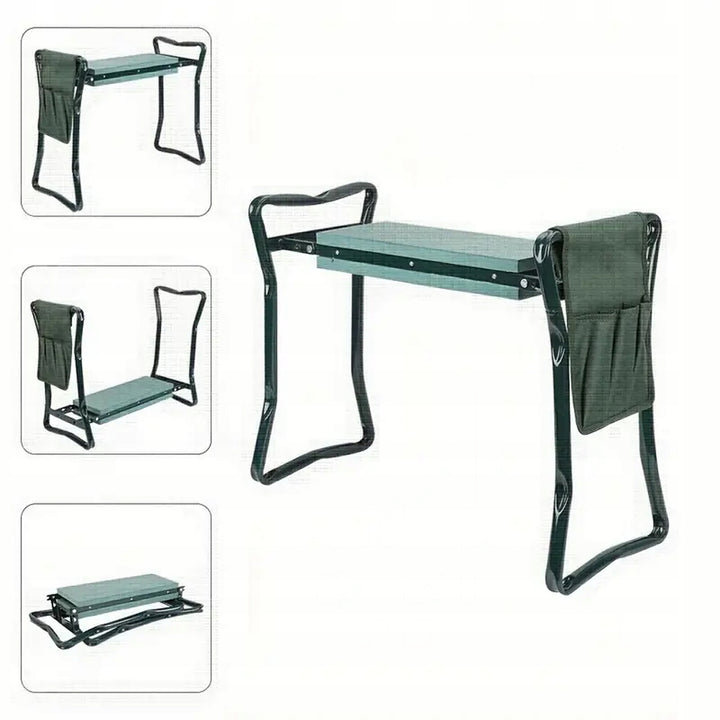 Banca de gradina 2 in 1 cu protectie pentru genunchi , Zola, buzunar depozitare, pliabila, otel, spuma si textil, 59 x 49 x 27.5 cm, verde