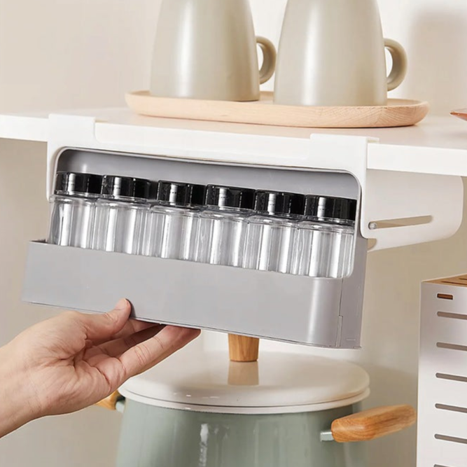 Suport organizator suspendat pentru condimente, Zola, 6 recipiente, pliabil, autoadeziv, plastic, 32 x 13.5 x 9.5 cm, alb/gri