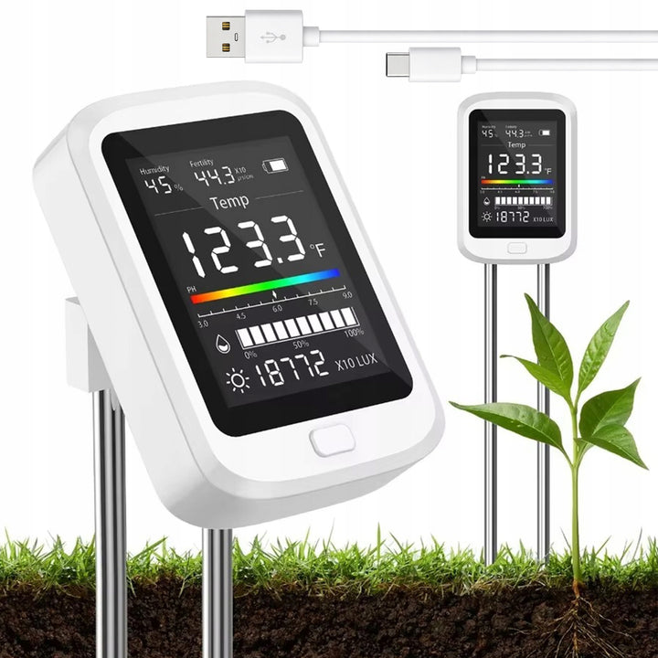 Tester sol 6 in 1, Zola, LCD, masurare pH, umiditate sol si aer, fertilitate, temperatura, intensitatea luminii, USB-C, 225x70x50 mm