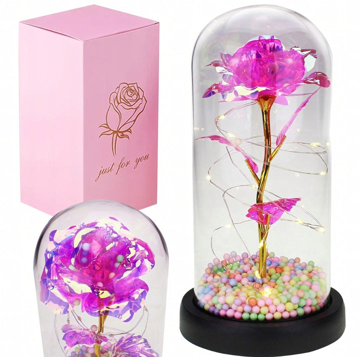 Trandafir decorativ nuante stralucitoare aurii, Zola, in cupola de sticla, LED-uri, confetti, cutie eleganta pentru cadou, diametru 11.5 cm, 22 x 9 cm, baza neagra