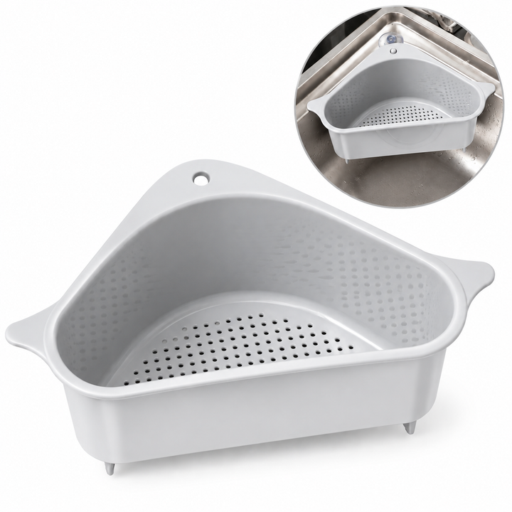 Organizator de colt pentru chiuveta, Zola®, cu scurgere, suport bureti si perii, fixare cu ventuza, 21 x 14 x 9 cm, alb-gri