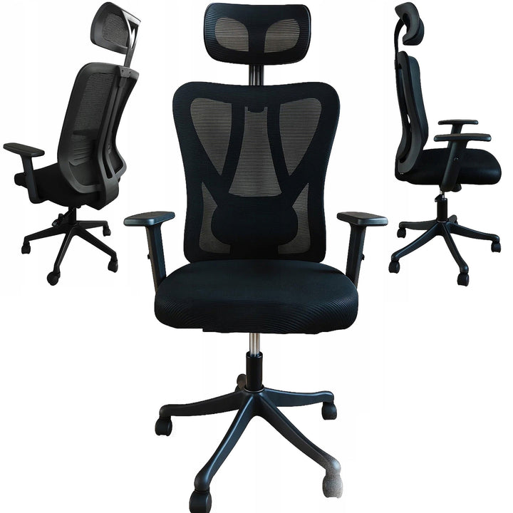 Scaun de birou ergonomic, Zola, spatar, tetiera si brate ajustabile, inaltime reglabila, roti pivotante, plasa, 132/122 x 70.5 x 65 cm, negru