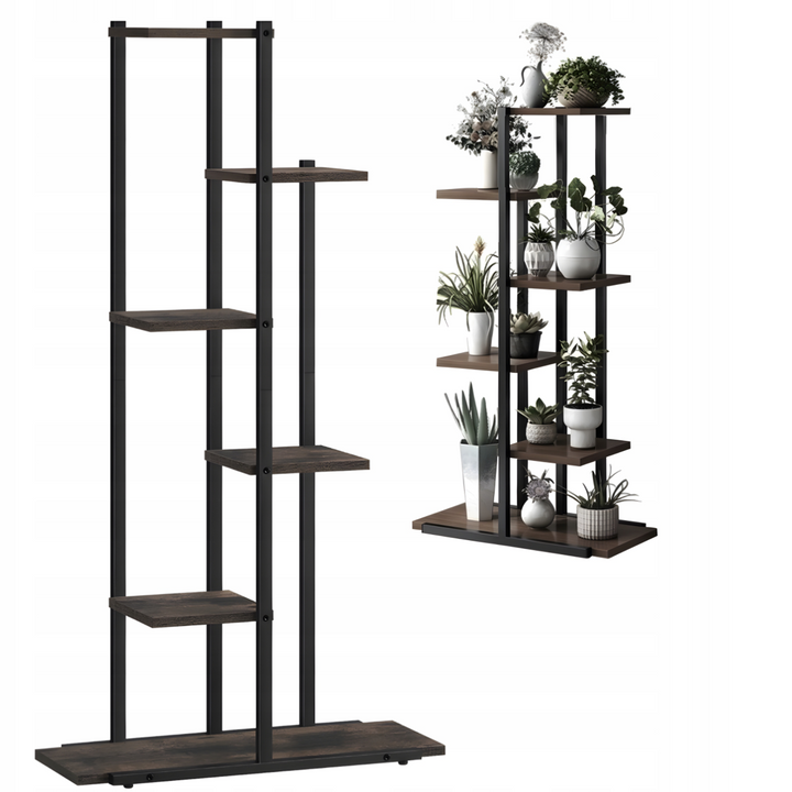 Suport pentru ghivece de flori, Zola, 6 niveluri, otel inoxidabil/ lemn, 60 x 20 x 113.5 cm, negru/maro