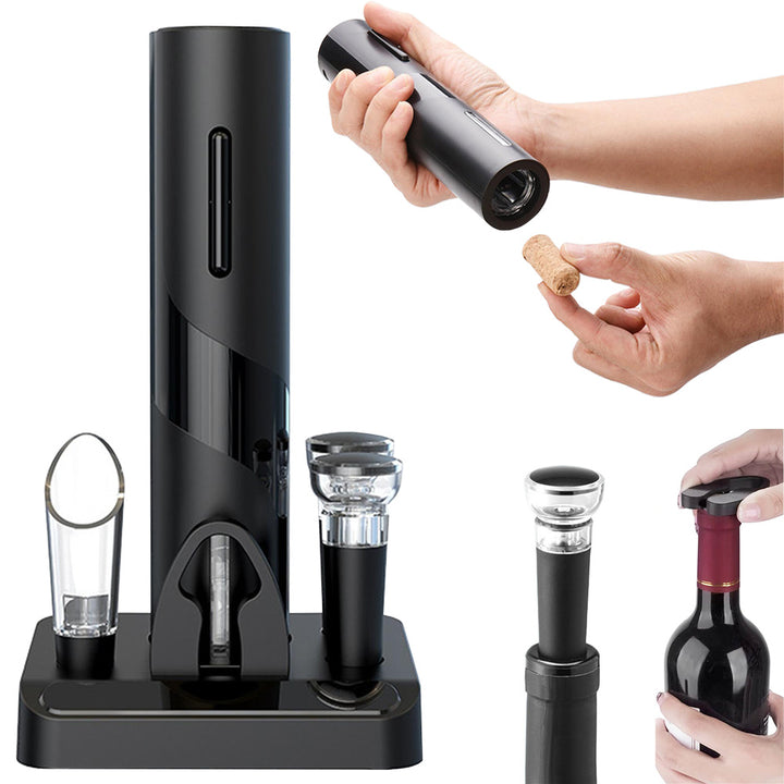 Set tirbuson electric cu suport pentru sticle, Zola®, dop multifunctional, cutter taiere, 2x dop de vin, negru, 23x4.8 cm