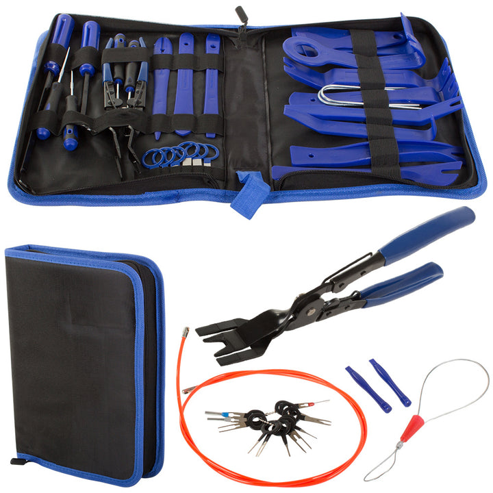 Set profesional cu 37 de instrumente extractoare, Zola®, pentru demontarea tapiteriei auto, radio si cleme, din plastic, albastru