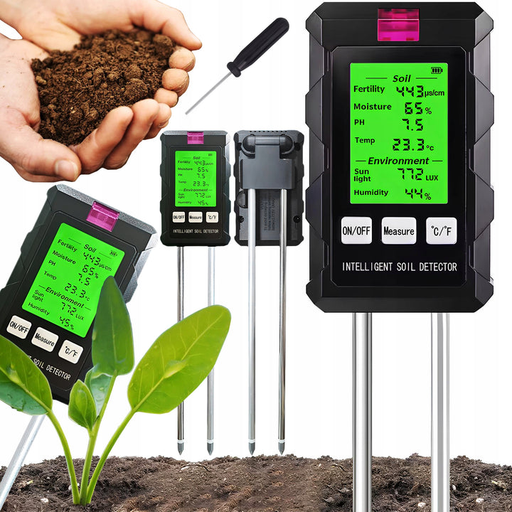 Tester 6 in 1 pentru sol, Zola, masurare PH, temperatura, umiditate sol, umiditate aer, fertilitate, lumina solara, 180 × 81 × 49 mm, negru