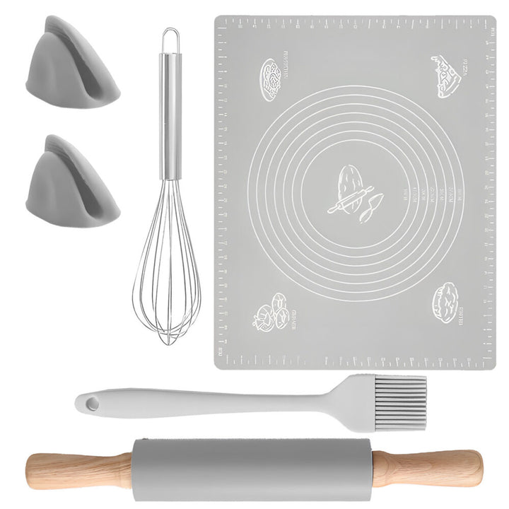 Set accesorii de bucatarie, Zola, folie din silicon, sucitor, tel, pensula si manusi, din silicon si plastic, 40x50 cm, gri