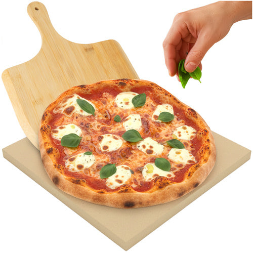 Set piatra de pizza din cordierit si spatula din bambus, Zola, coacere uniforma, 38 x 36 x 1.8 cm/ 35 x 29 x 1 cm, bej