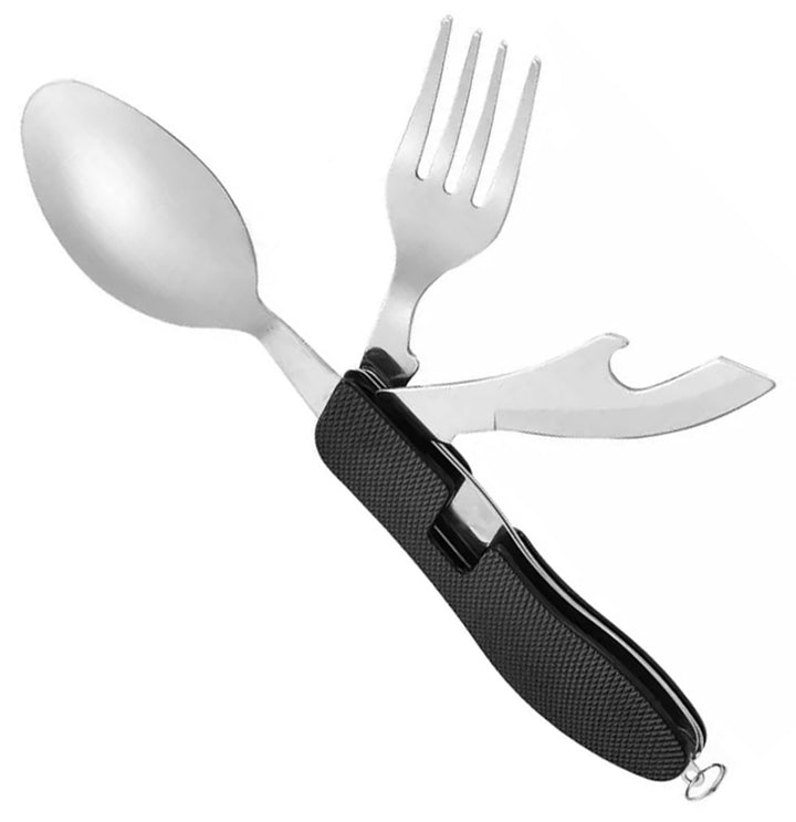 Briceag metalic detasabil, Zola®, 4 in 1, camping, tacamuri, desfacator de bere si cutit, negru