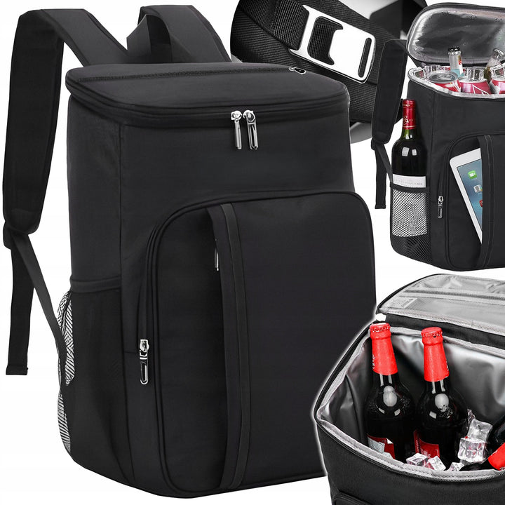 Rucsac termoizolant pentru picnic si drumetii, Zola, compartiment principal, 3 buzunare exterioare, 1 buzunar interior, desfacator sticle, 43 x 33 x 19 cm, negru