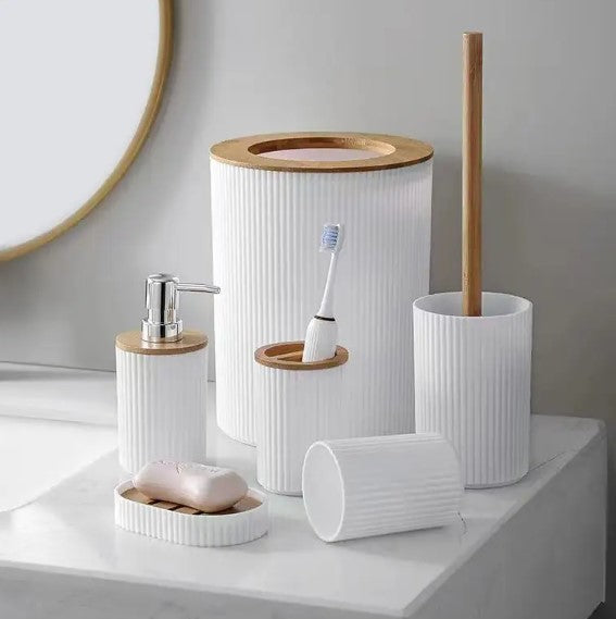 Set 6 accesorii pentru baie, Zola,  dispenser sapun lichid, suport periute si pasta de dinti, sapuniera, perie de toaleta cu suport, cos de gunoi, plastic si bambus, alb