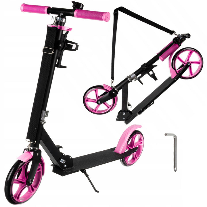 Trotineta pliabila copii, Zola, cadru aluminiu, ghidon reglabil 87/92/98 cm, roti diamtru 20 cm, frana spate, suprafata anti-alunecare, suport de sticla, clopotel, curea ajustabila pentru transport 42 - 72 cm, 97 x 37 x 105 cm, negru/roz
