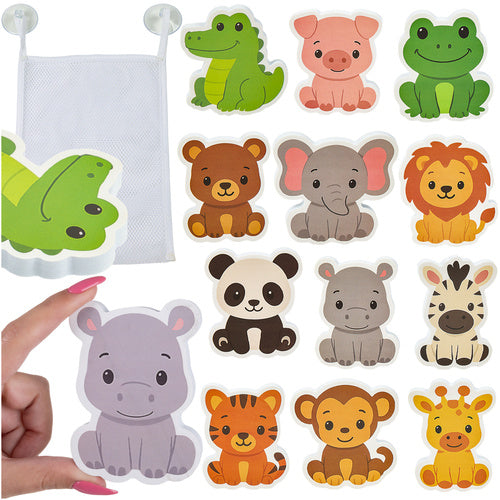 Set 12 animalute din spuma, Zola, pentru baie, organizator din plasa, fixare ventuze, 8.5 x 8 x 0.8 cm, multicolore
