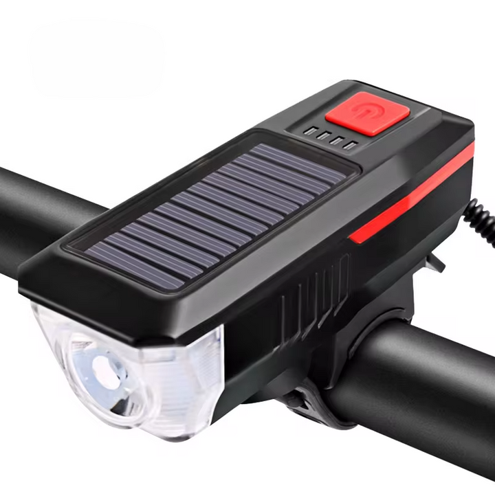 Set far pentru bicicleta solar, claxon si semnal sonor, UBX, LED, 3 moduri iluminare, USB, 6 melodii, 11x3.5x4 cm, negru/rosu