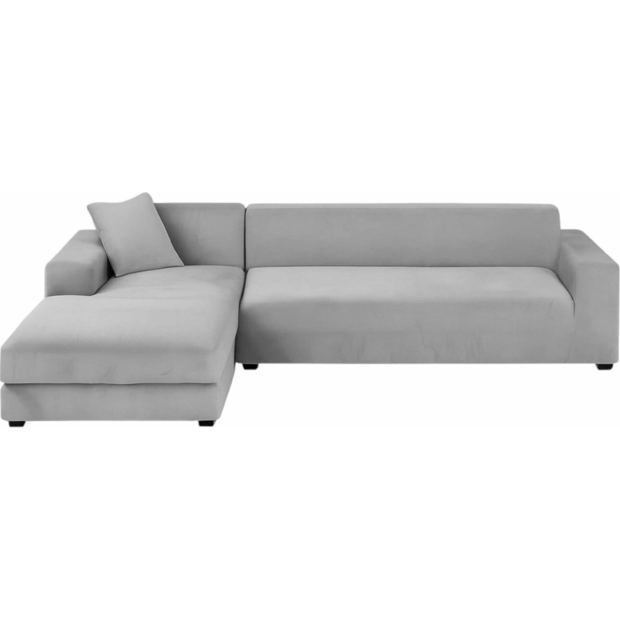 Husa din catifea pentru canapea si fata de perna, Zola, universala, lungime 190-230 cm, dimensiuni perna 45 x 45 cm, benzi elastice, impermeabila, gri inchis