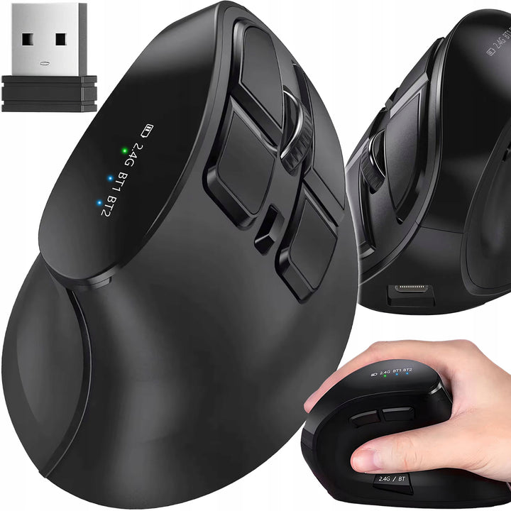 Mouse vertical wireless, Zola, conexiune Bluetooth si USB 2.4GHz, sensibilitate ajustabila 1000/1600/2400 DPI, 9 butoane, ergonomic pentru dreptaci, senzor laser, port USB-C, 120 x 75 x 70 mm, negru