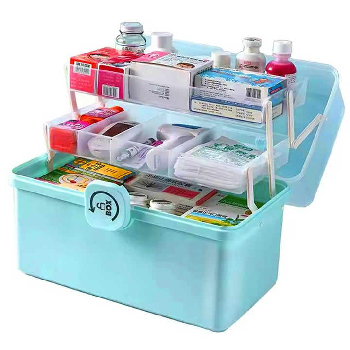 Cutie de medicamente organizatoare, Zola, 6 compartimente, din plastic, maner de transport, 34x22.5x19 cm, albastru