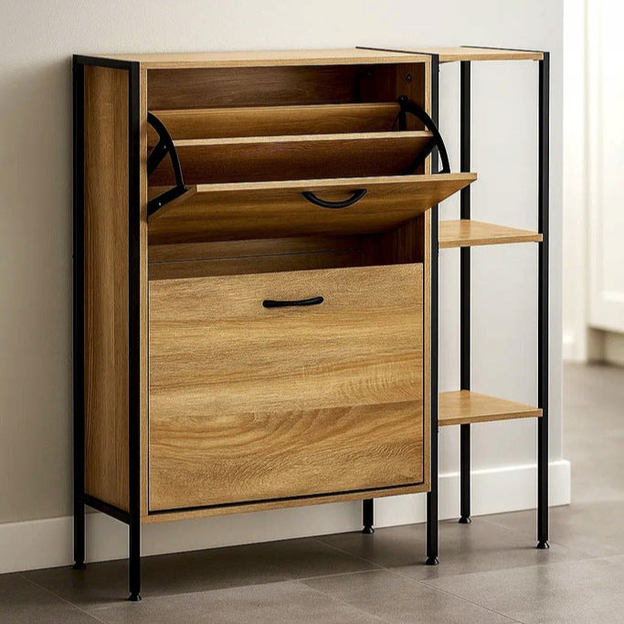 Pantofar modern, Zola, 2 sertare duble pentru incaltaminte, raft lateral, 3 polite, 88 x 24 x 87 cm, stejar natur