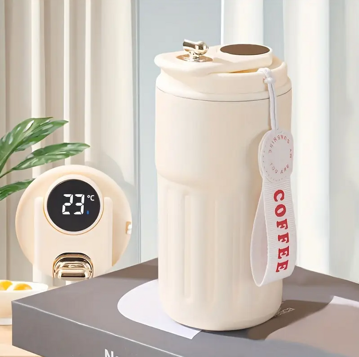 Cana termica cu afisaj LED, Zola, 460 ml, otel inoxidabil, inchidere etansa, pereti dubli, mentine temperatura cald-rece, capac plastic, maner confortabil, 16 x 7 cm, crem