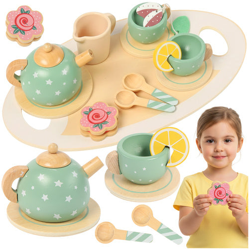 Set de ceai din lemn pentru copii cu accesorii, Zola, Montessori, 15 piese, 7 x 29 cm, verde pastel