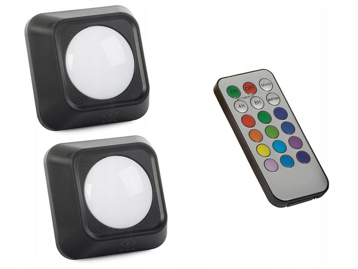 Set 2 lampi de perete auto-adezive, Zola®, 2 moduri de iluminare puternic/slab, 12 culori diferite, cu telecomanda, negre, 6x6x2.5 cm
