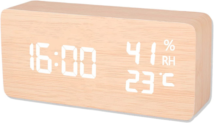 Ceas din lemn, Zola®, dreptunghiular, crem, cu afisaj alb, indicator de temperatura