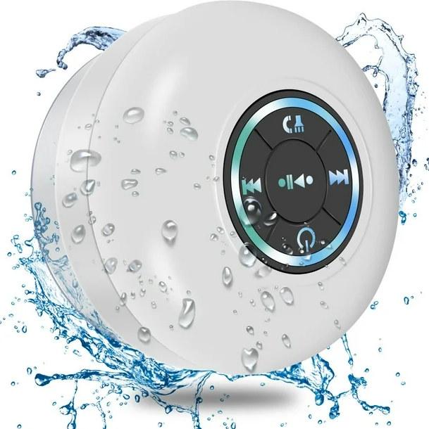 Boxa bluetooth portabila waterproof, Zola, impermeabila cu ventuza, pentru dus, LED color, IPX4, 6x6 cm, alba