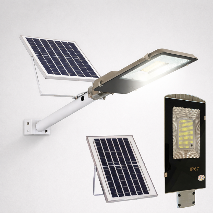 Lampa stradala cu panou solar, UBX, 200W, 247 LED, 3600 lm, senzor crepuscul, telecomanda, IP67, unghi 140°, iluminare puternica, 36 x 14 cm