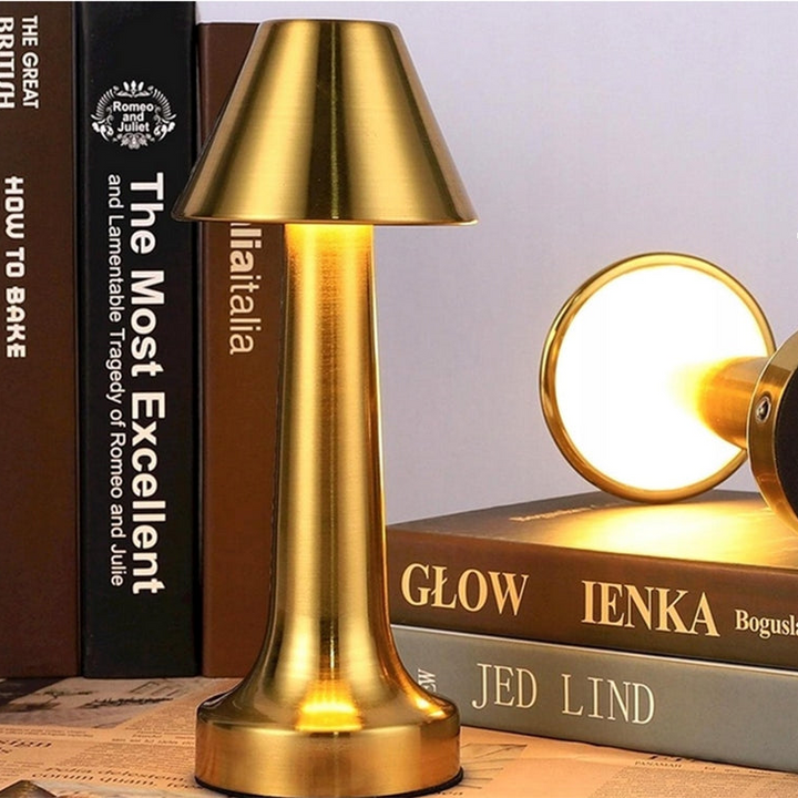 Lampa de masa touch LED reincarcabila, Zola, 3 nuante de culoare, baterie 1500 mAh, 3W, buton ON/OFF, USB. Type-C, 23.5x9.5x6.5 cm, din metal si plastic, auriu
