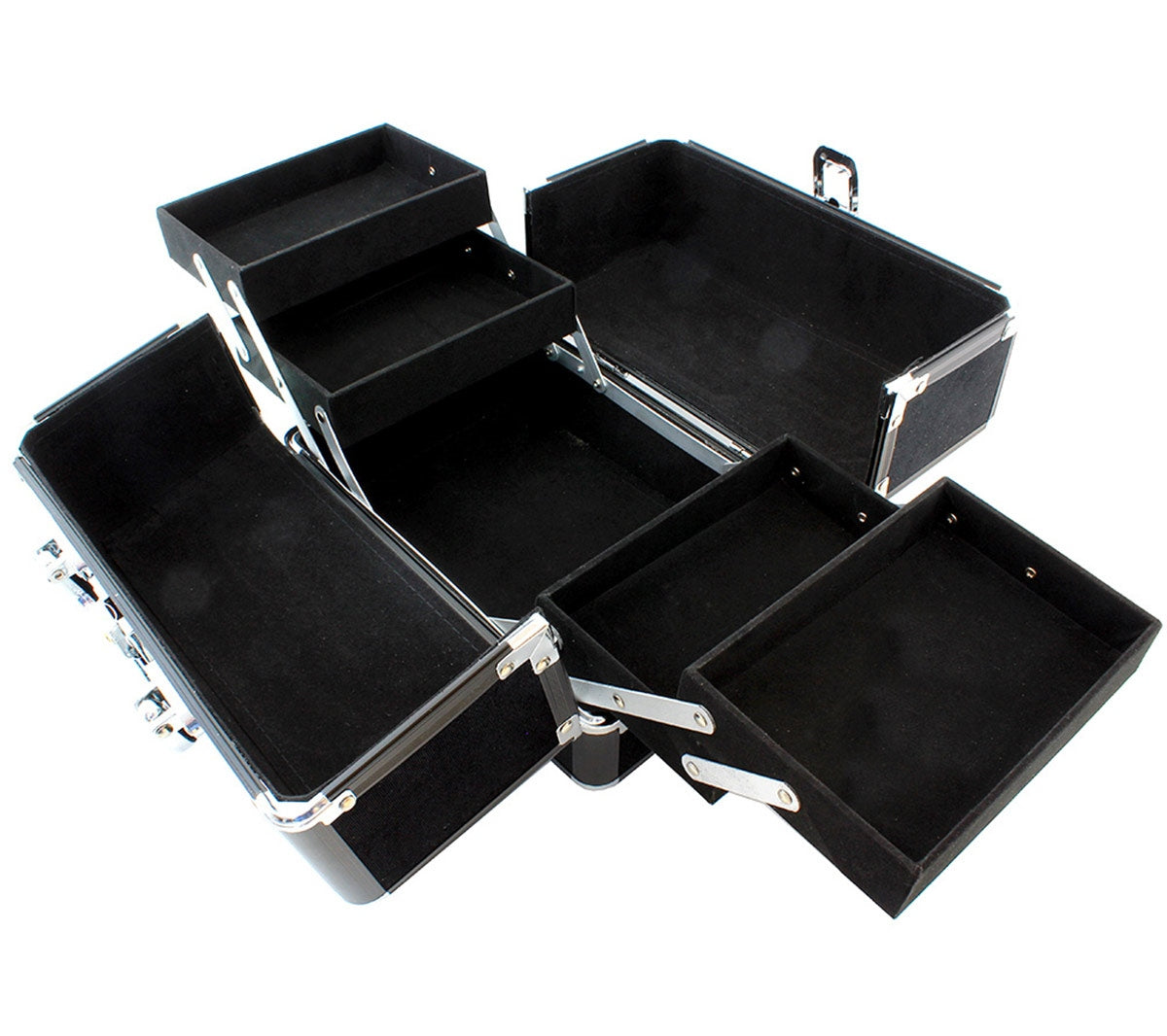 Genta makeup pentru depozitat cosmetice, Zola®, 5 compartimente, material aluminiu si velur, 25x17x17 cm, neagra