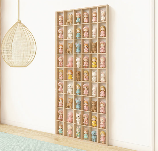 Raft organizator din lemn Montessori, Zola, pentru jucarii, 54 compartimente, 104 x 46 x 4.5 cm