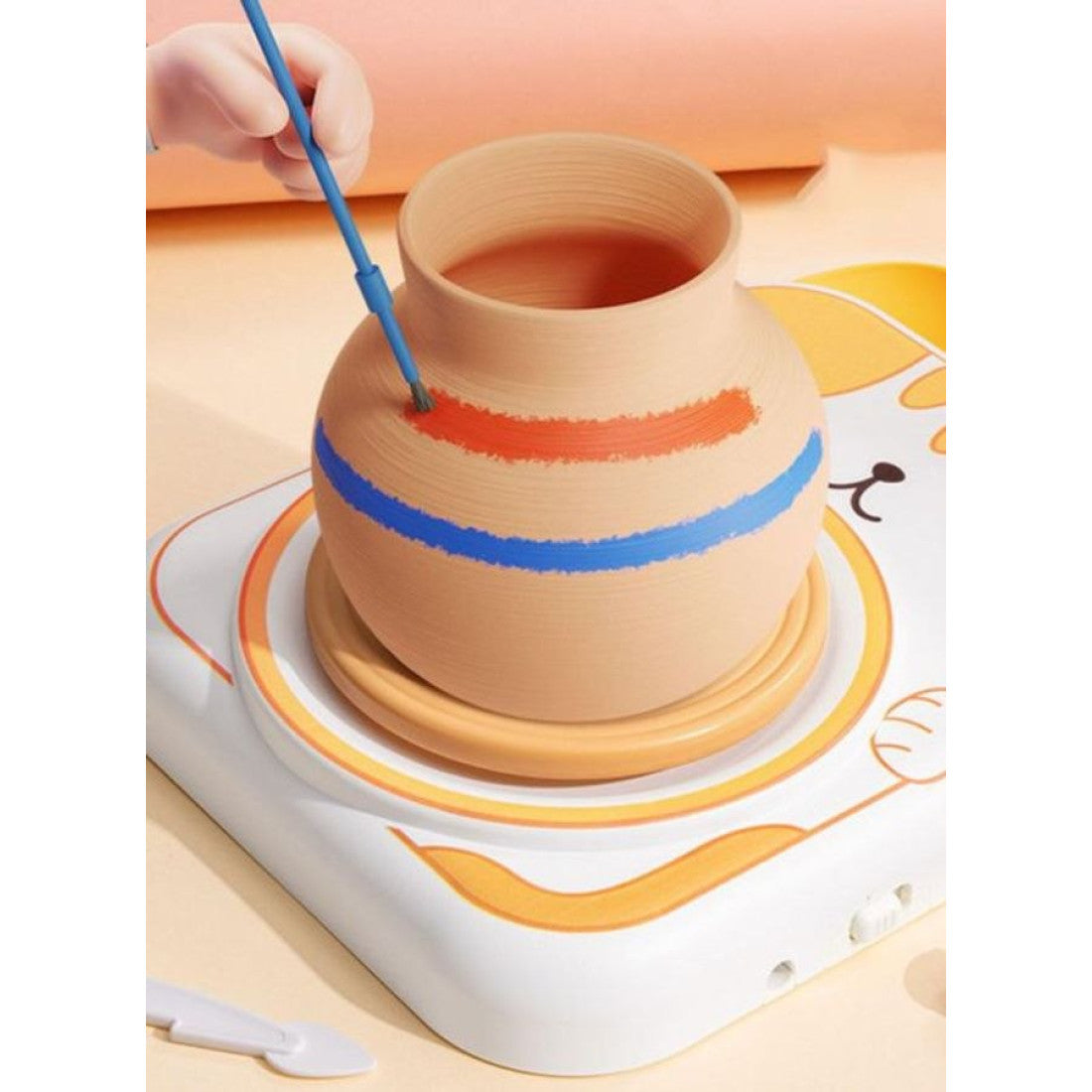 Set de olarit pentru copii, Zola, roata olarului model pisica, lut, instrumente de modelat, acuarele, pensule, cablu alimentare USB