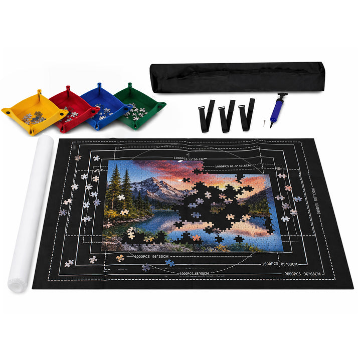 Covor pentru puzzle, Zola, 500 - 2000 piese, dimensiuni ghidaj imprimate, 4 recipiente sortat piese, suport gonflabil, pompa, curele fixare, poliester, 118 x 79 cm